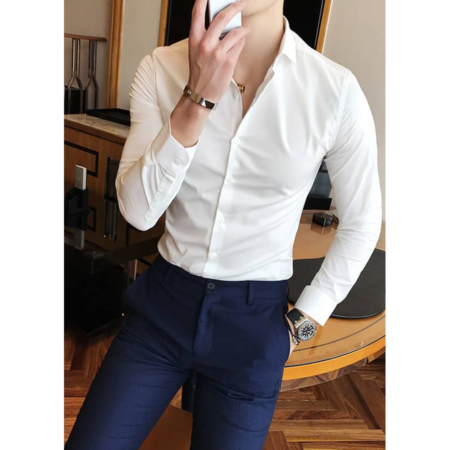 Áo Sơ Mi Nam Đen Cổ Bẻ Chất Lụa Mịn Chống Nhăn Phong Cách Trẻ Trung