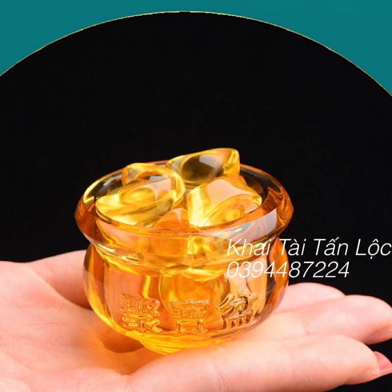 Bộ hũ vàng - bát tụ bảo lưu ly tí hon 5cm và 12 thỏi vàng chiêu tài Lộc