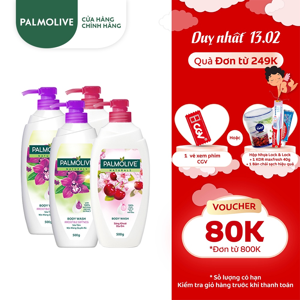 Bộ 4 Sữa tắm Palmolive 100% thiên nhiên chiết xuất từ hoa Anh Đào &amp; Phong Lan 500ml