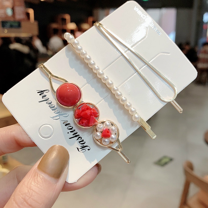 Bộ 3 Kẹp Tóc Đính Đá Và Ngọc Trai Lấp Lánh Thời Trang Hàn Quốc