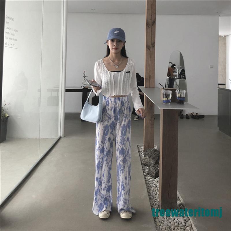 <new~>Loose Straight High Waist Long Boho Ruched Pleated Tie Dye Print Pant Casual Trouser