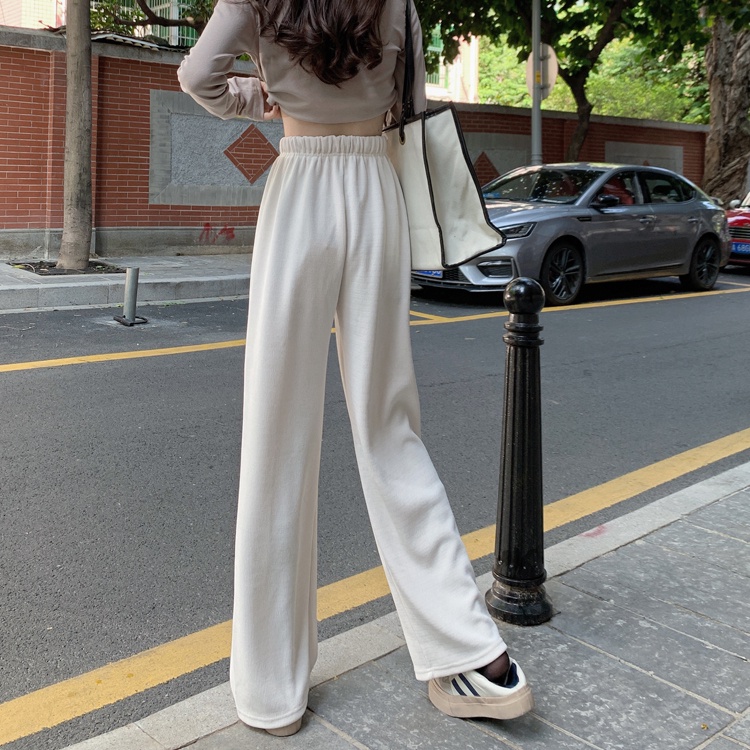 Quần dài lưng cao Xiaozhainv màu trơn phối dây rút ống rộng thời trang dành cho nữ