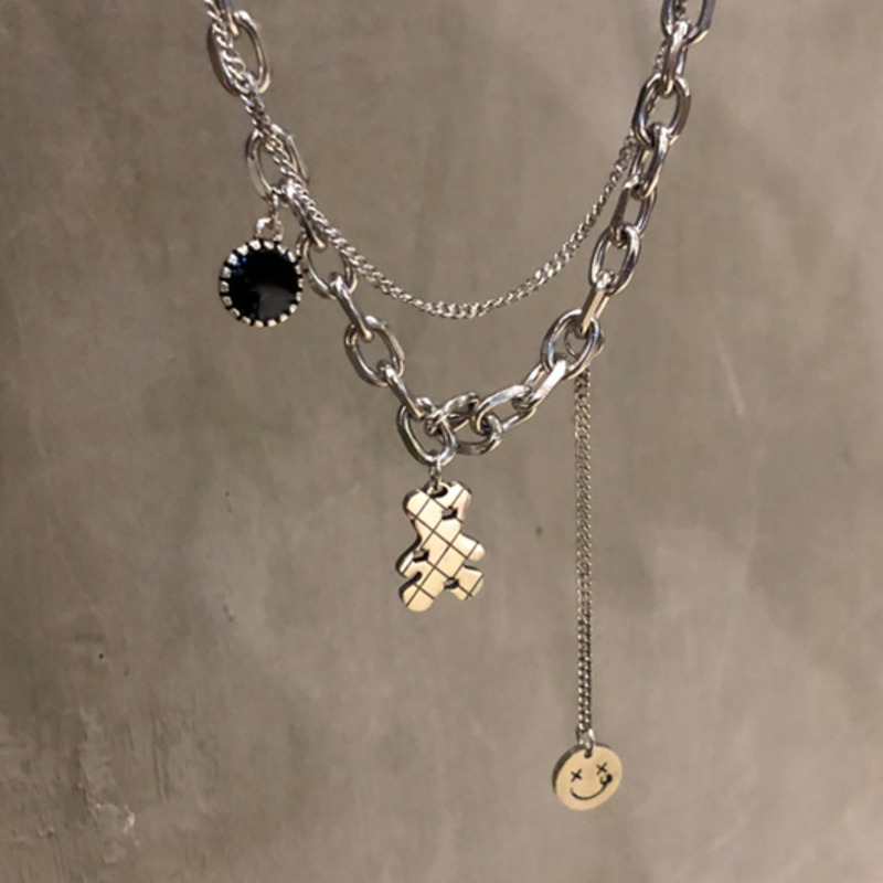 Dây chuyền hai lớp gấu mặt cười dễ thương phong cách hip hop đơn giản dễ phối