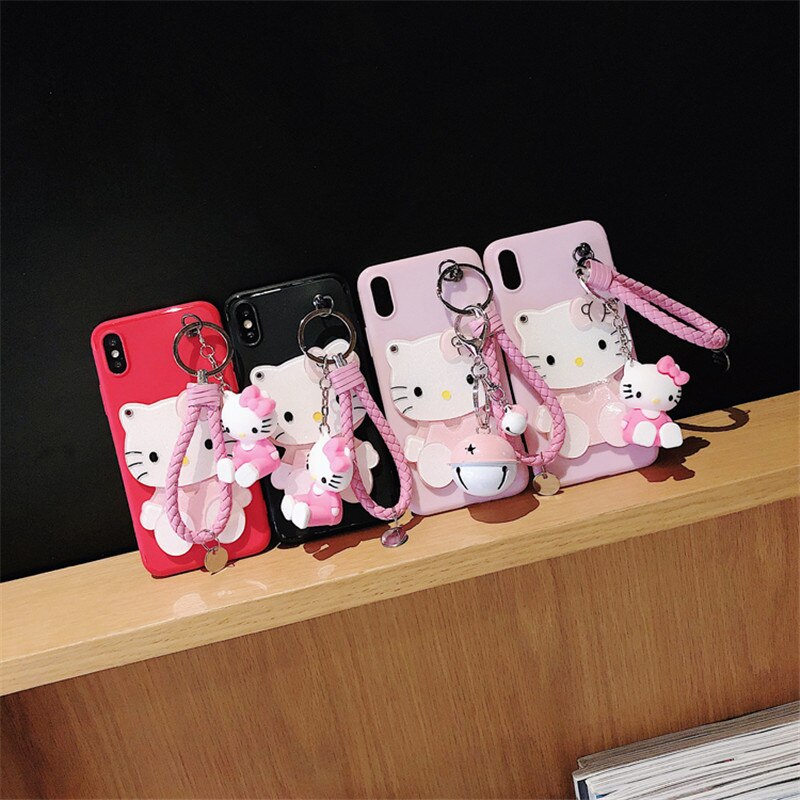 Ốp Điện Thoại Gắn Gương Hình Mèo Hello Kitty 3d + Dây Đeo Cho Iphone 12 Mini 11 Pro Xs Max X Xr 7 8 6 6s Plus Se Đứng