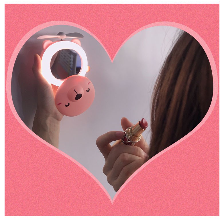 Quạt mini cầm tay lợn kèm gương và đèn LED siêu dễ thương | BigBuy360 - bigbuy360.vn