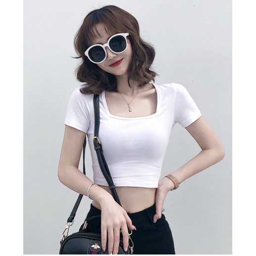 Áo Croptop Cổ Vuông Cộc Tay Nữ - Thun trơn body dáng ôm, phông ngắn sexy màu TRẮNG | ĐEN Ulzzang