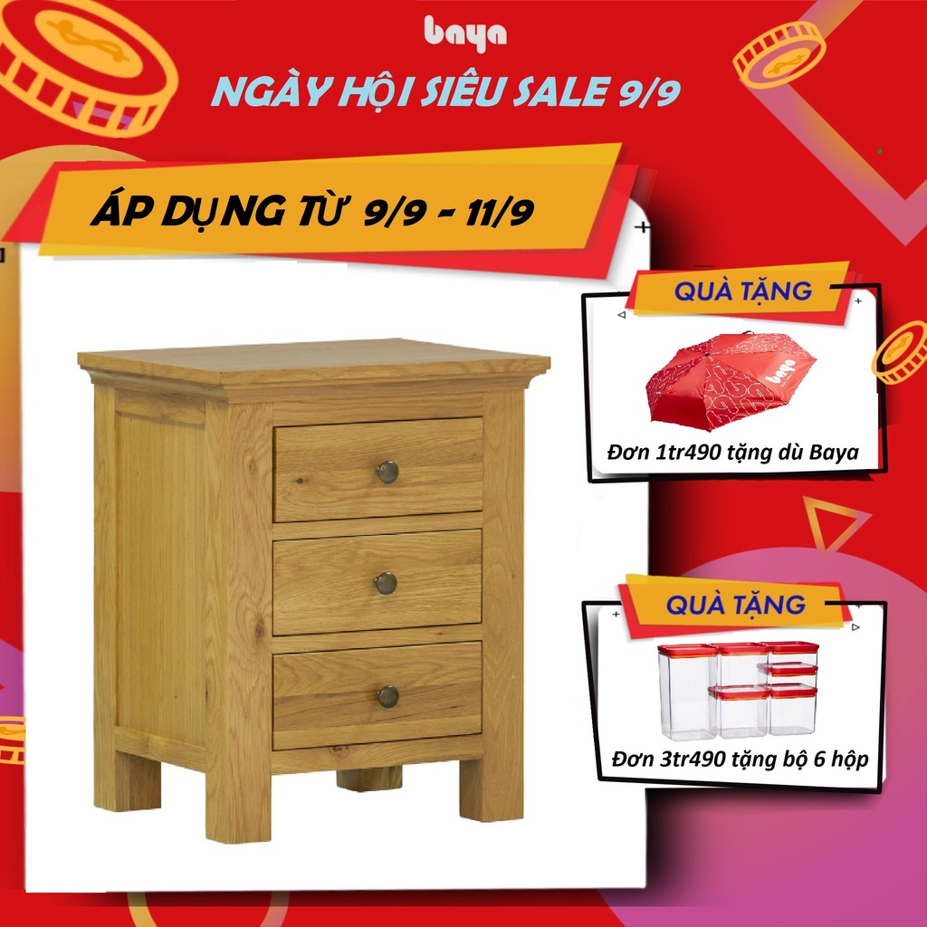 Tủ Đầu Giường BAYA HARRIS Chất Liệu Gỗ Sồi Màu Gỗ Tự Nhiên Thiết Kế 3 Ngăn Kéo Tiện Lợi Kích Thước D39xW47xH58 1028447