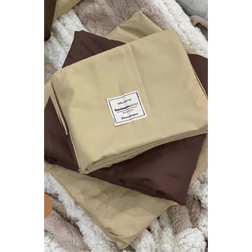 Bộ chăn ga gối Cotton đũi màu nâu vàng kem