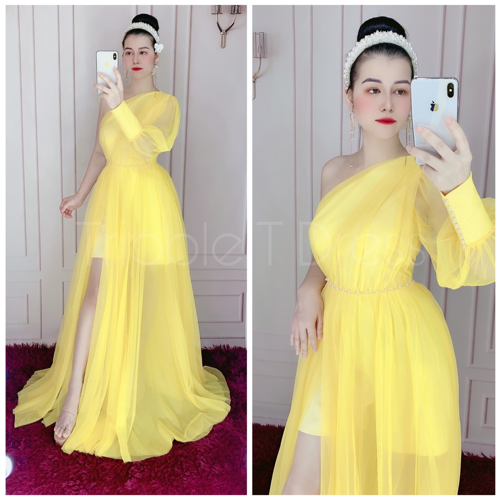 Đầm maxi dự tiệc lệch vai tay dài kết ngọc TRIPBLE T DRESS - size M/L (ảnh/video thật) MS132V