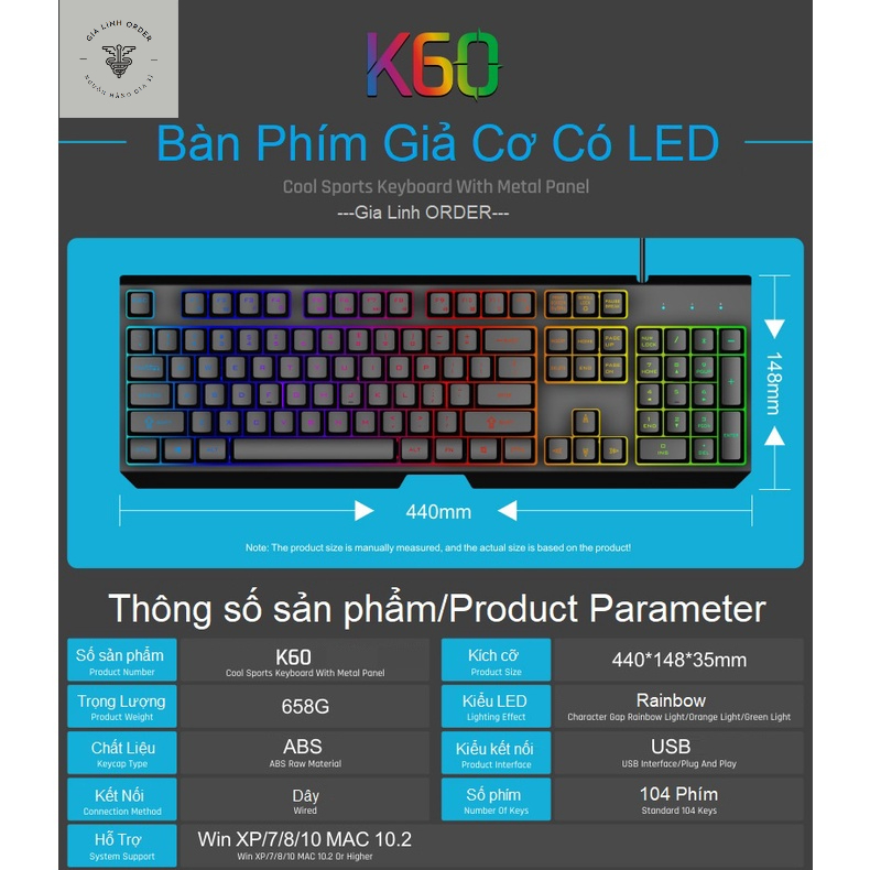 BÀN PHÍM K60 CHUYÊN GAMING VỚI LED NHIỀU MÀU SIÊU ĐẸP bàn phím giả cơ