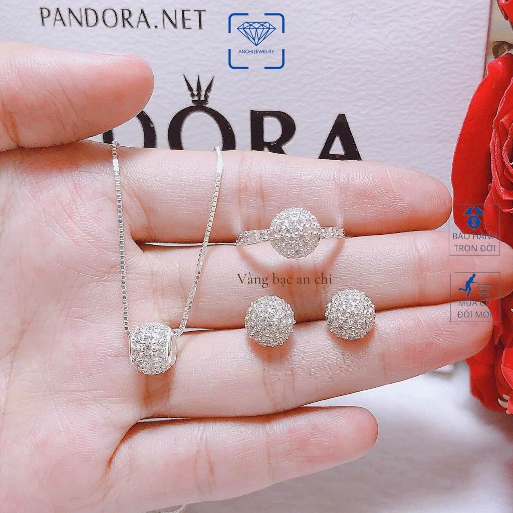 Bộ dây chuyền - nhẫn - bông tai mặt cầu tròn đính đá, chuẩn bạc ta bóng đẹp, Anchi jewelry