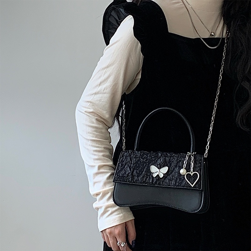 Túi đeo chéo IELGY hình vuông cỡ nhỏ phụ kiện bướm / trái tim màu đen thời trang cho nữ