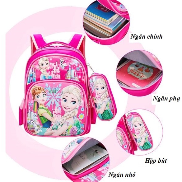 Balo Học Sinh, balo chống gù cho bé Hình ELSA , Siêu Nhân size 42cm - Tặng kèm hộp bút