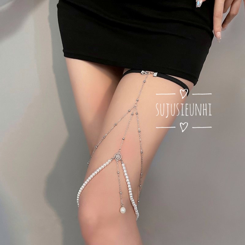 vòng choker chuỗi ngọc tua dài 2 lớp đeo đùi (co giãn thoải mái)