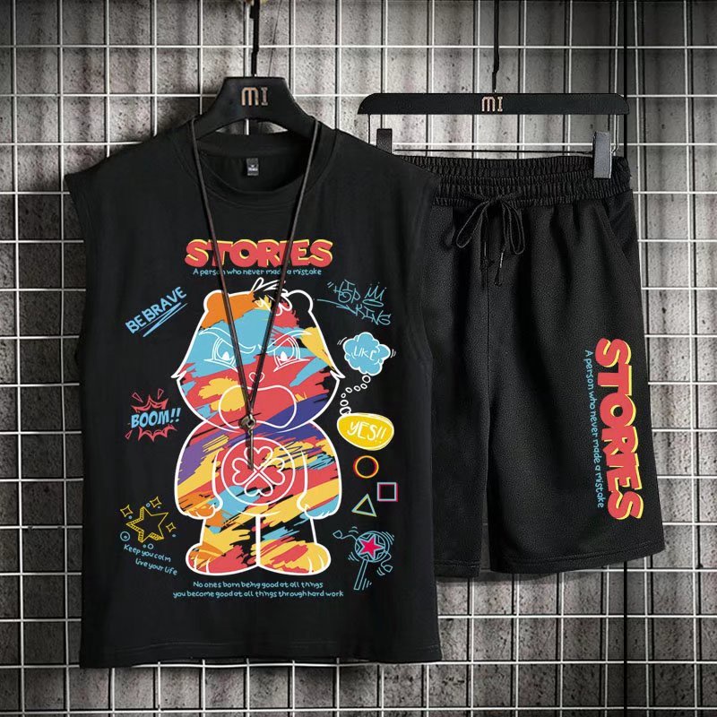 Bộ Đồ Thể Thao Hai Mảnh Áo Sát Nách In Hình Gấu Graffiti Thời Trang Mùa Hè Dành Cho Nam Size M-8XL