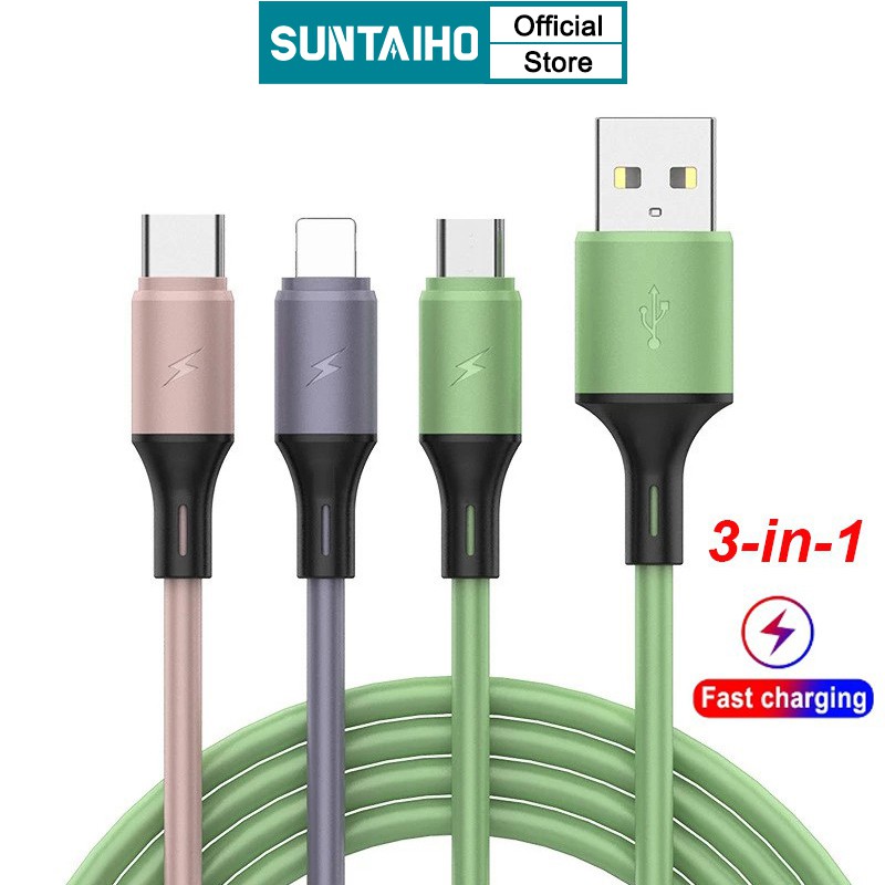 Dây Cáp Sạc Nhanh Suntaiho 3 Trong 1 Bằng Silicon Màu Macaron Dài 1.2M Đầu Micro USB Type C Cho iPhone 8Pin iOS 12 13 14
