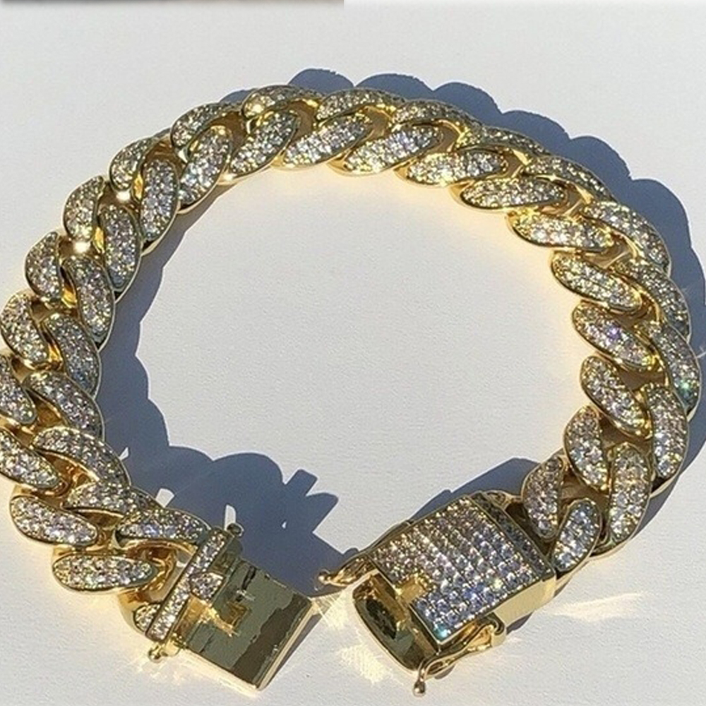 Vòng đeo tay dạng xích đính đá kim cương nhân tạo phong cách hiphop rộng 12mm