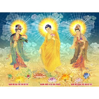 Tranh dán tường 3D - Tranh phật - Tây Phương tam thánh chất liệu vải lụa dán tường