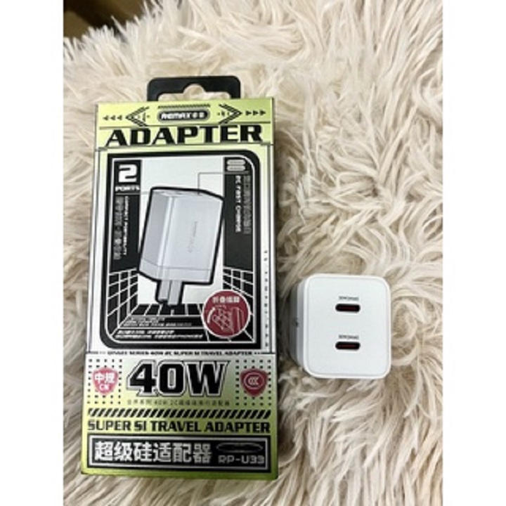 CỐC SẠC SIÊU NHANH REMAX RP-U33 - 40W , HỔ TRỢ 2 CỔNG TYPE-C