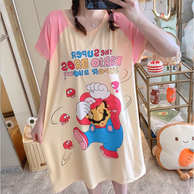 Váy ngủ cộc tay | Đầm ngủ dáng suông chất cotton mềm mát họa tiết hoạt hình cute hoạt hình