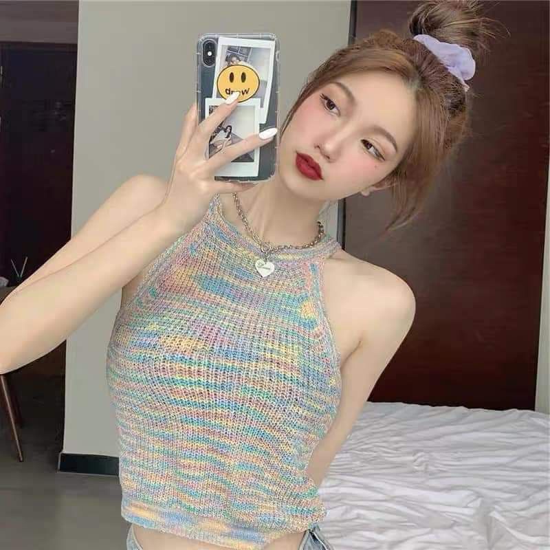 áo len hai dây xanh pha hồng A118k