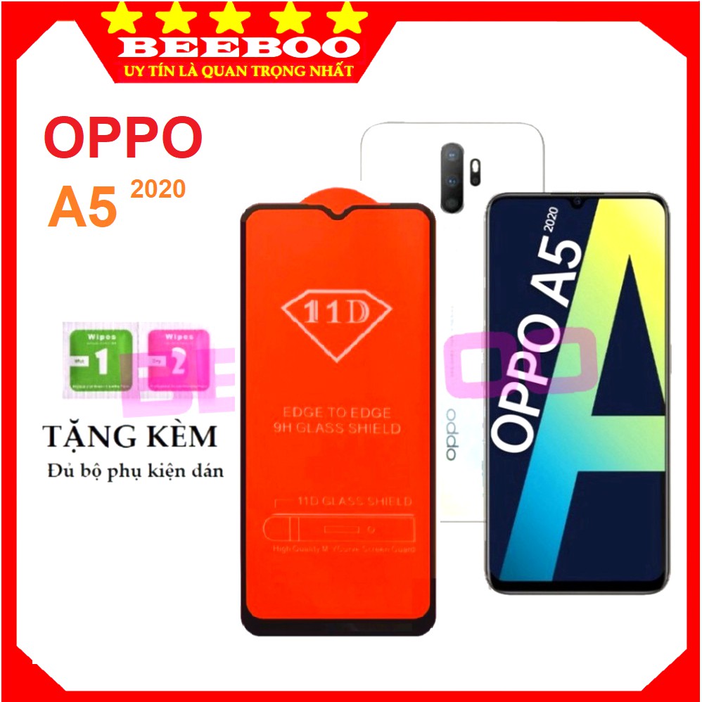 Kính cường lực Oppo A5 (2020) - Cao cấp - Full màn hình 11D và Trong suốt - Độ cứng 9H [FreeShip_50K].