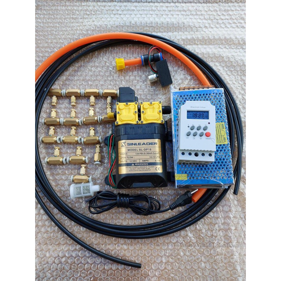 Bộ phun sương SINLEADER đôi kèm nguồn 12v-10a. Bộ hẹn giờ TIMER. điều tốc. 15 béc đồng. 20m dây phun sương 8li