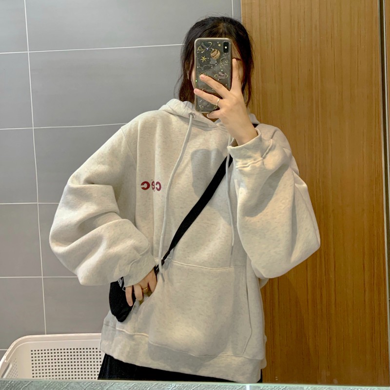 Áo hoodie tay dài dáng rộng in họa tiết chữ phong cách Hàn Quốc cho nữ