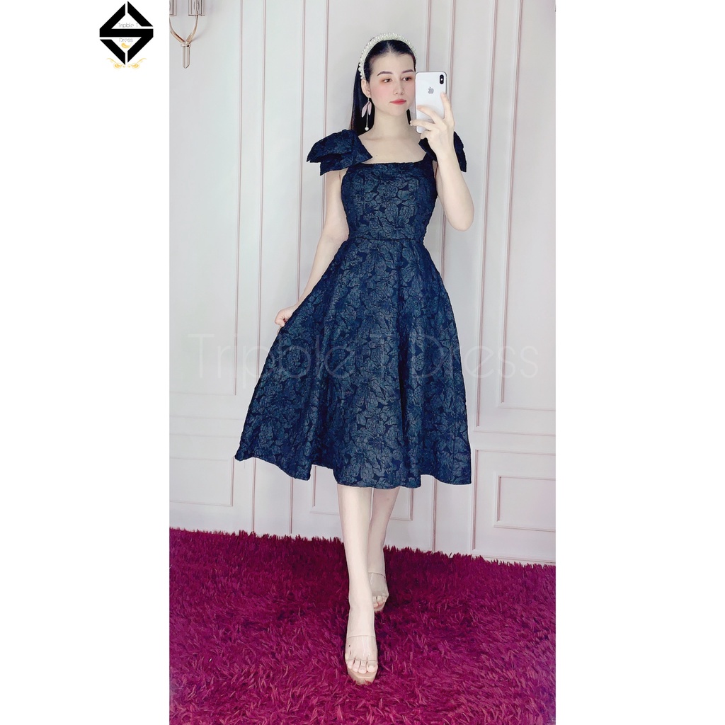 Đầm xoè dự tiệc nơ vai sang chất gấm xốp vân hoa nổi sang trọng TRIPBLE T DRESS - size M/L - MS226V