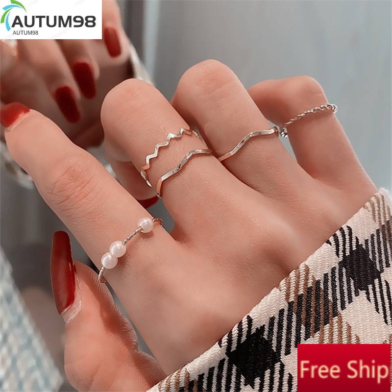 [Mã 44FASHIONSALE1 giảm 10K đơn 50K]Autum98 Set 5 nhẫn hở mạ vàng đính ngọc trai giả xinh xắn (B2-1-5)