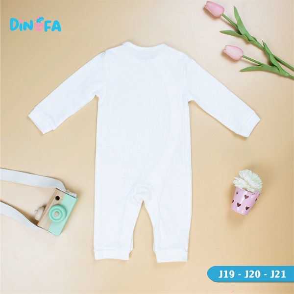 Jumpsuit cho bé 0-9m màu trắng, Bodysuit dài tay cho bé 100% cotton, quần áo sơ sinh họa tiết mặt gấu, cúc bên_J19-J21