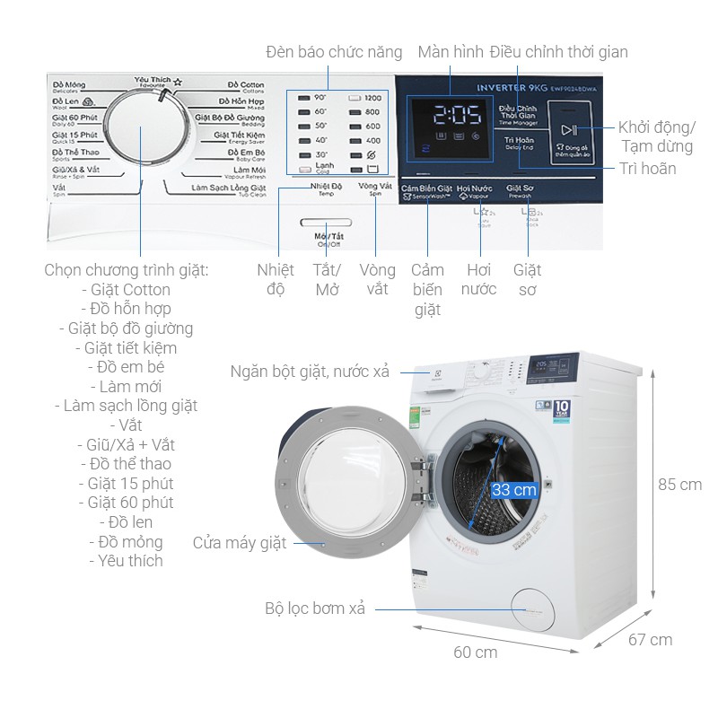 Máy giặt Electrolux Inverter 9 kg EWF9024BDWA