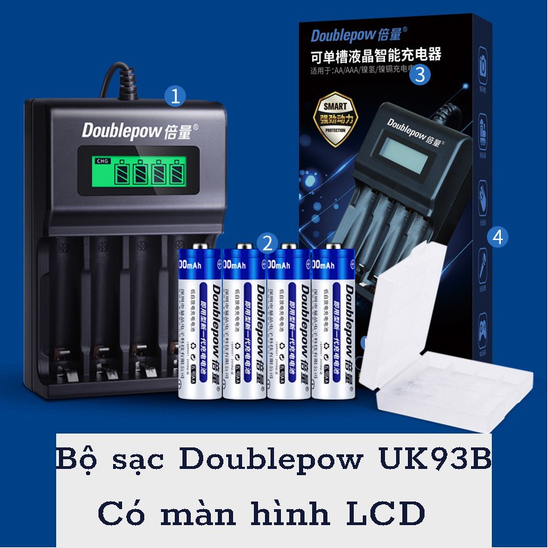Bộ sạc pin DP-UK93B- chính hãng Doublepow- có màn hình hiển thị, dùng để sạc 4 viên pin AA/AAA cổng USB