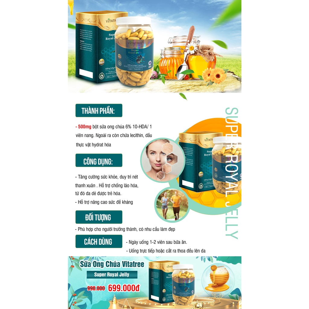 Viên Uống Sữa Ong Chúa Vitatree Royal Jelly 1600mg Bồi Bổ Cơ Thể Làm Đẹp Da Hộp 365 Viên Của Úc