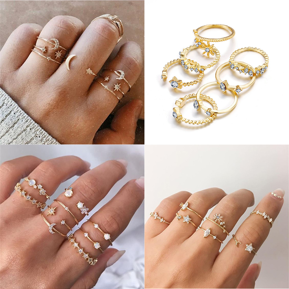 7PCS Vintage Crystal Moon Star Rings Women Finger Joint Ring Wedding Jewelry Gift Set