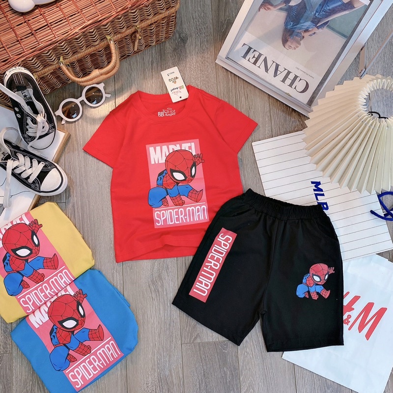 Bộ cộc tay in hình siêu nhân Spider-man cotton màu xanh. vàng . đỏ cho bé trai từ 10-23kg ( hình thật và video thật)