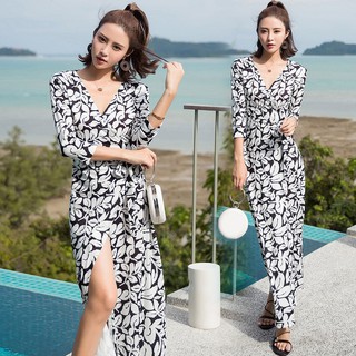 Đầm Maxi cổ chữ V tay dài thiết kế xẻ tà thanh lịch quyến rũ