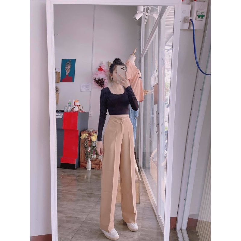 Quần ống rộng suông nữ culottes xuông lưng cao 1 khuy vải tuyết mưa bigsize 5 màu đen trắng be nâu tím