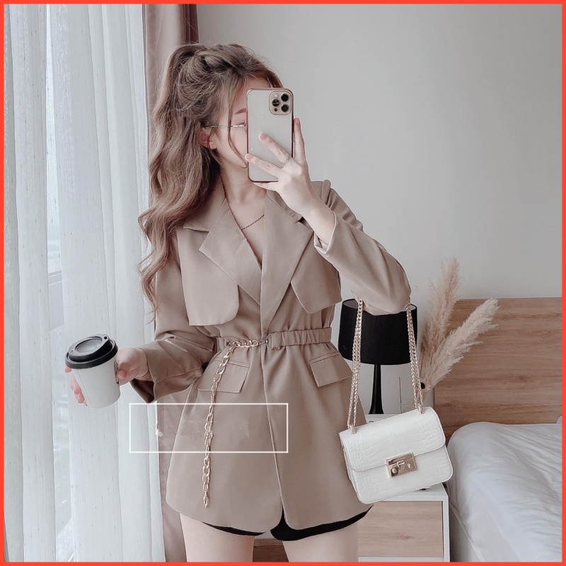 ÁO MĂNG TÔ | Áo blazer tay dài tặng kèm belt màu be hot tết