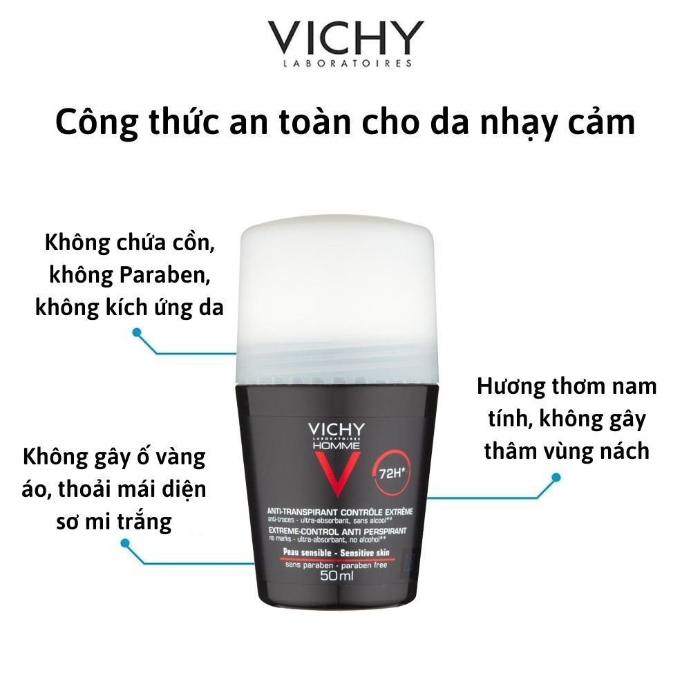 Lăn khử mùi, ngăn mồ hôi cho nam Vichy đen 72h 50ml có hương thơm chính hãng Pháp - BeautyMart