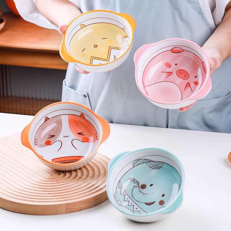 Bát Sứ Ăn Dặm Cho Bé Có Quai Cầm Ấm Baby Dung Tích 310ml Hình Động Vật Dễ Thương Ấm Gift Decor