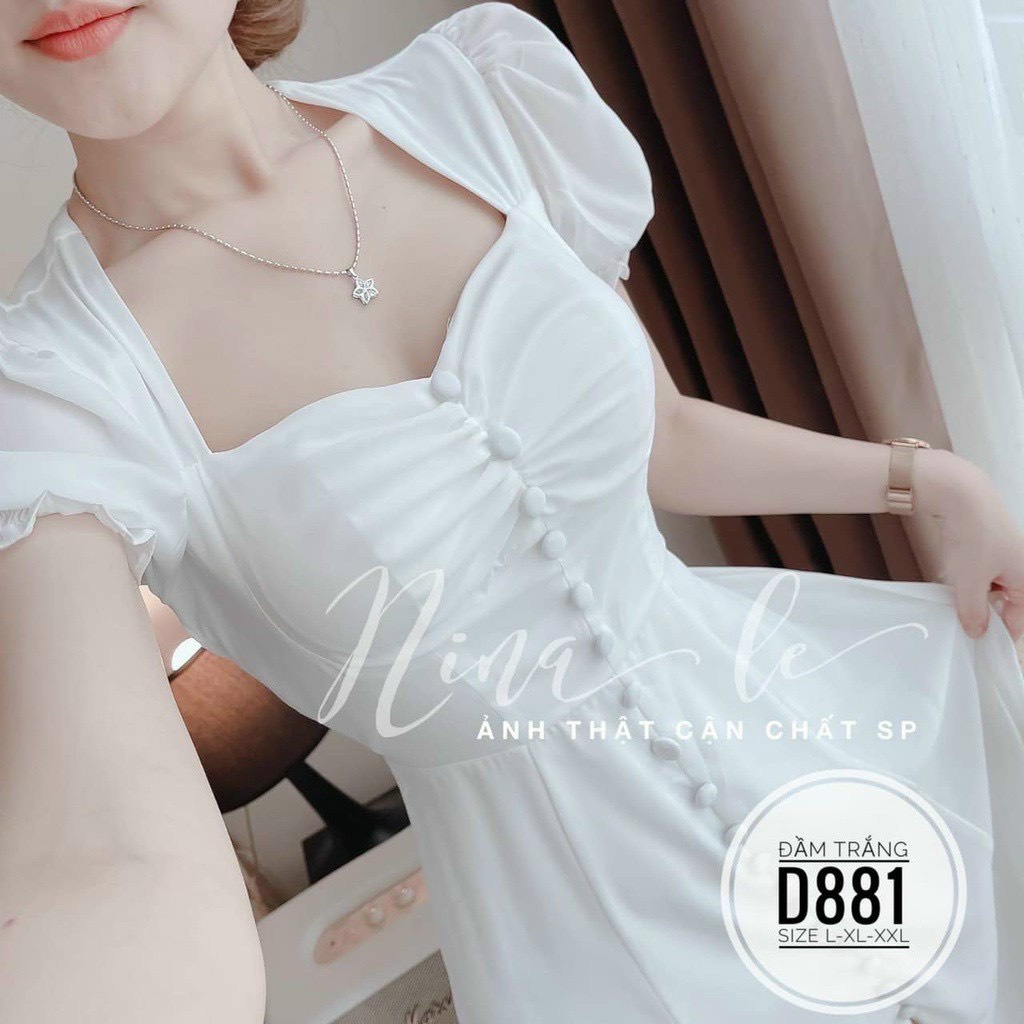 Đầm Xòe Tay Bèo Nút Bọc Xẻ Tà