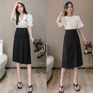 Chân váy xếp ly dài công sở phối 3 cúc - chất vải tuyết mưa dày dặn - Màu Đen - Kem - Trắng