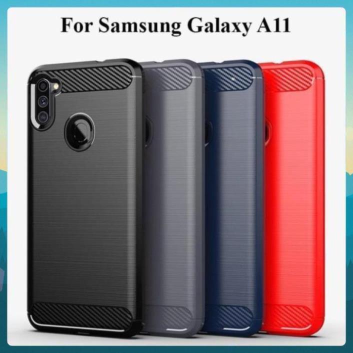 Ốp lưng dẻo Samsung Galaxy A11 vân sợi cacbon chống sốc, chống vân tay Rugger Amor