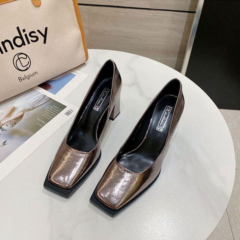 Giày Cao Gót Mũi Vuông Màu Bạc Thiết Kế Mới Thời Trang Dành Cho Mùa Thu 2022