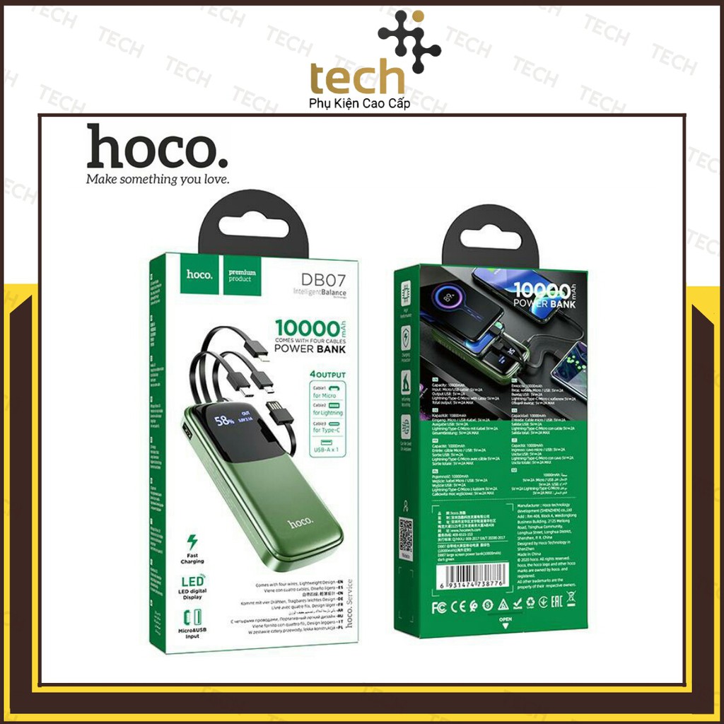 Sạc Dự Phòng 10000mah Hoco DB07 Tích Hợp 3 Cáp Sạc Micro/Lightning/Type-C - Bảo Hành 12 Tháng