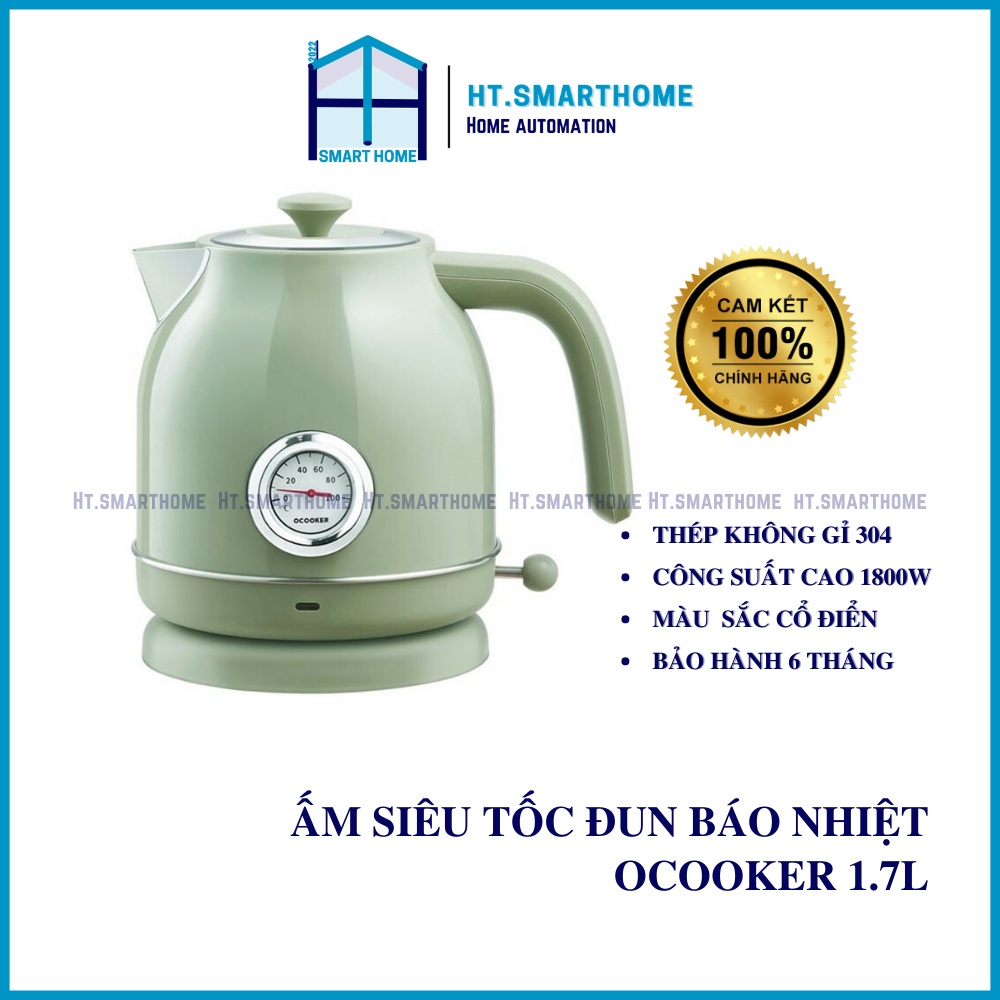 Ấm siêu tốc Ocooker 1.7L phong cách Retro cổ điển - Ấm đung nước 1800w có đồng hồ hiển thị nhiệt độ