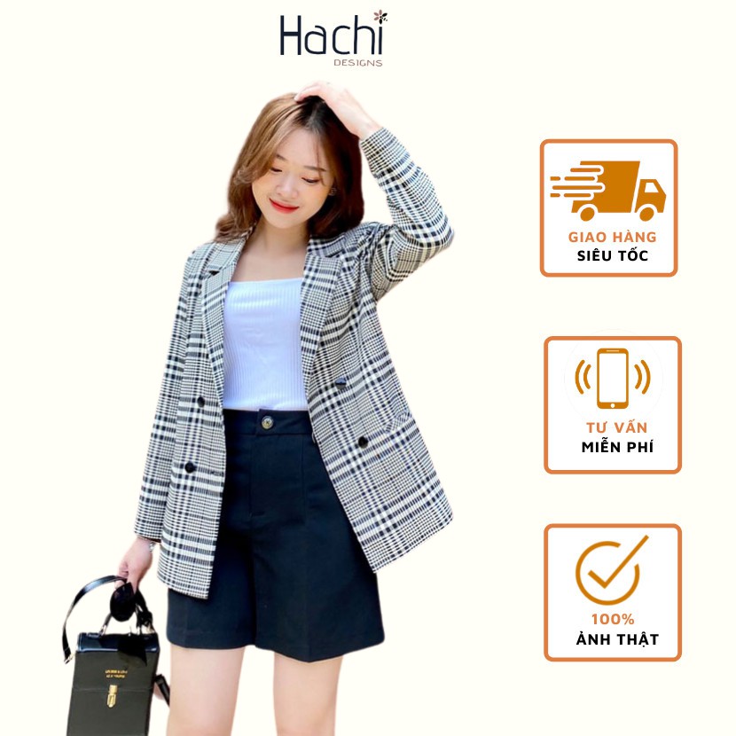 Áo Blazer Kẻ Đen Trắng, Khoác Blazer 2 Lớp Hàng Cao Cấp Hachidesigns