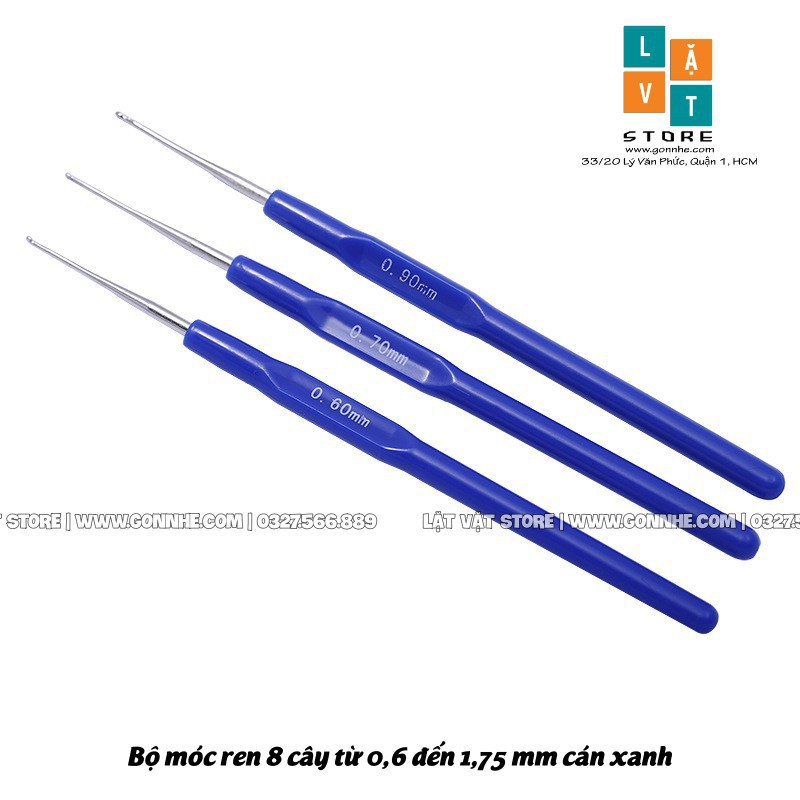 Bộ dung cụ 8 cây Móc Ren, Móc len cán màu xanh từ 0,6 đến 1,75 mm - Crochet Hook bằng thép không gĩ handmade DIY