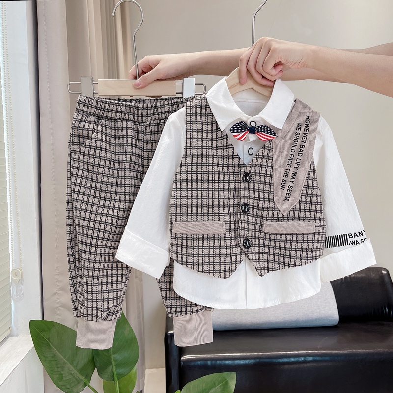 Bộ Áo Sơ Mi Tay Dài Màu Trơn + Áo Khoác Vest Kẻ Sọc + Quần Dài Phong Cách Hàn Quốc Thời Trang Cho Bé Trai Gái 80-110cm